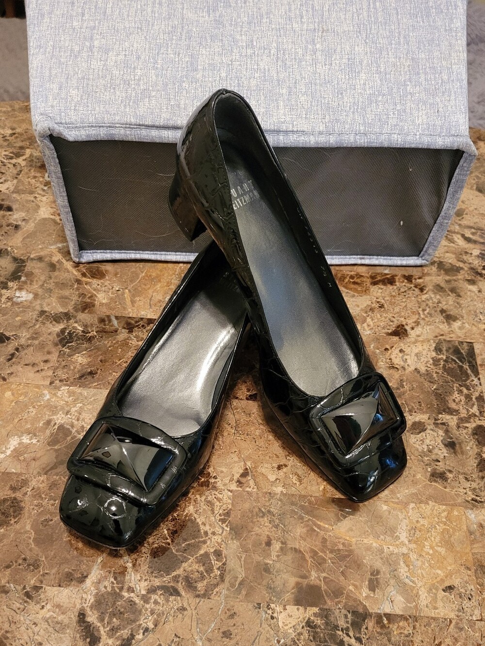 Stuart Weitzman Black Patent Square-Toe Loafers with Buckle